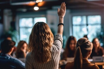 Rear view of a casual businesswoman raising her arm in a conference meeting, symbolizing engagement and proactive participation, Generative AI