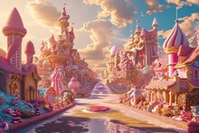 A Magical Castle At Sunrise, Buildings Are Made Of Candy And Streets Are Paved With Gold