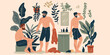Set of young men with a beard in the bathroom with a towel, grooming, taking care of themselves, vector illustration in cartoon style