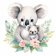 Mothers day concept, greeting card. Watercolor cute animals. Mommy koala with baby. Generative AI