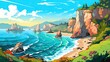 cartoon illustration coastal scene at sunset, rocky cliffs are surrounded by lush greenery and are met by calm blue waters. The sky is soft hues of yellow and orange clouds.