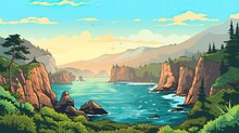 Cartoon Illustration Coastal Scene At Sunset, Rocky Cliffs Are Surrounded By Lush Greenery And Are Met By Calm Blue Waters. The Sky Is Soft Hues Of Yellow And Orange Clouds.