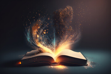 Wall Mural - Open book with magical dust floating over it. Magical book, wisdom, fairytale