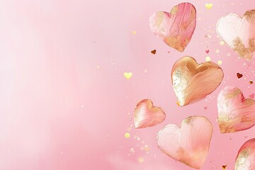 Wall Mural - Floating Pink and Gold Hearts on a Soft Pink Backdrop, watercolor, copy space for text