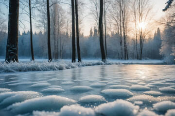 Wall Mural - A close-up view of a frozen surface with trees in the background