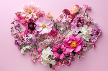 Wall Mural - flowers arranged into the shape of a heart on a pink background