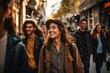 Joyful millennials commuting in an urban setting, walking together on city streets, embodying youthful energy and ambition, Generative AI