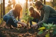 A diverse family honors a loved one's memory by jointly planting a tree in a serene forest, symbolizing life, love, and legacy, Generative AI