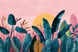 Light illustration of Individual standing rare tropical plants such as monstera, bird of paradise, calathea, and pothos with a pink sky. 