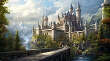 Dreamy Fairytale Castle, Ornate Turrets, Secretive Drawbridges, Mystical Secrets, Enchanting Tapestry, Fantasy. Generated By AI.