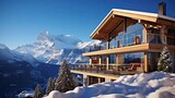 Fototapeta Do pokoju - Charming Swiss chalet embraced by snow-dusted mountains. Cozy alpine retreat, snow-capped peaks, picturesque chalet. Generated by AI.