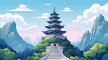 Cartoon Illustration Of Chinese Pagoda On A Mountain.