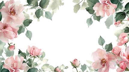 Wall Mural - Frame Elegant pink peones, watercolor, soft green leaves wreath isolated on white background with copy space
