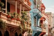 Historic houses with colourful balconies in Cartagena, photography