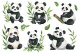 Fototapeta Dziecięca - Set of cute panda with bamboo, watercolor illustrations for printing on baby clothes, sticker, postcards, baby showers