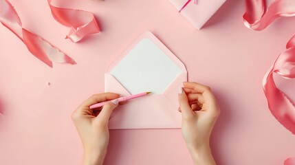 First person top view photo of st valentine's day decor female hands holding pen pink envelope with letter small giftbox and pink silk curly ribbon on isolated pastel pink background with empty space