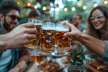 Wall Mural - young people toasting beer in a group of friends