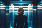 Fototapeta  - Business woman entering elevator. She will take the elevator to a lower floor for a business meeting.