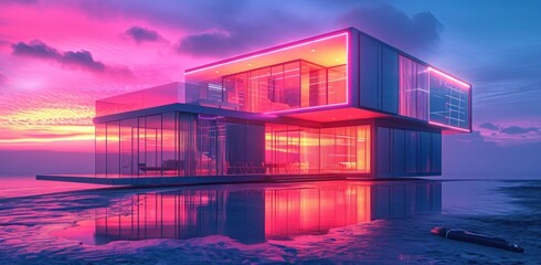Wall Mural - the futuristic modern glass and metal house is lit up with neon colored lights