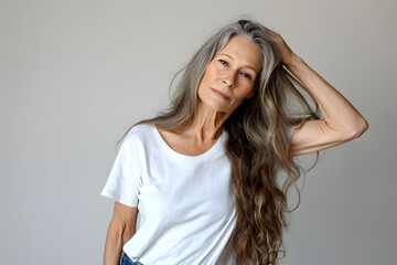 Elderly beautiful woman with long hair in white t shirt posing with blue jeans