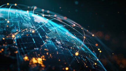 Poster - Tech Earth Globalization in 3d Graphic. Ai Network on Fiber Optic. Transfer communication signals around the world