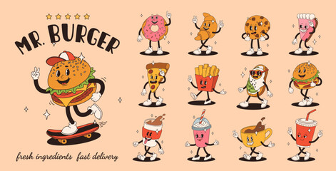 Wall Mural - Set of fast food retro groovy cartoon character. Vintage mascot of burger, pizza, hot dog, ice cream, french fries, coffee to go, donut and soda with happy smile. Funky street food illustration