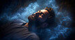 Dreaming beautiful thoughts - handsome bearded young male with eyes closed lying supine surrounded by wispy ethereal smoke appearing to be asleep or mediatating with a content expression on his face