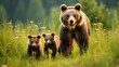 Brown bear, mother and two cubs on green field Wild animals in summer nature