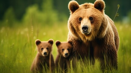 Brown bear, mother and two cubs on green field Wild animals in summer nature