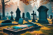 Colorful fantasy cemetery, supernatural eccentric burial ground tombstones graveyard