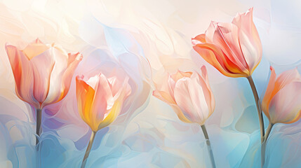 Wall Mural - Elegant tulip flowers transparent watercolour background. Pastel colour palette. Generative AI