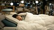 Tired client who fell asleep in a furniture store, shopping at the supermarket, the customer found the sofa or the bed very comfortable, unexpected nap at the shopping mall, exhausted client resting