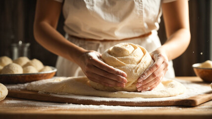 Female hands making dough. Hands kneading bread dough on a cutting board. Home bread. 