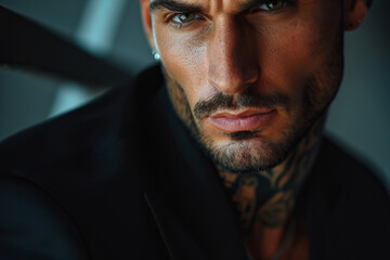 Wall Mural -  tanned skin, hot and attractive Italian mafia billionaire with a tattoo on his neck , wearing a luxurious black suit. Looking at camera with piercing and sensual gaze .