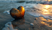 A Heart Shaped Rock On A Beach Glimmers In The Warm Sunset, A Symbol Of Love And Resilience Against The Cold Winter Ground And Crashing Waves