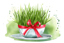 Novruz Concept - Wheatgrass, Cultivated In White Plate, With Red Ribbon