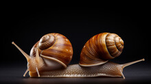 Two Snails On A Black Background. Studio Photography Of Two Snails.