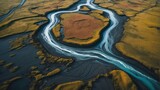 Fototapeta Do pokoju - Aerial Photograph of a Glacial River Delta in Iceland with many meandering branches and veins.  generative, AI.