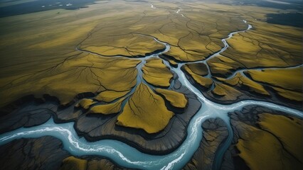  Aerial Photograph of a Glacial River Delta in Iceland with many meandering branches and veins.  generative, AI.