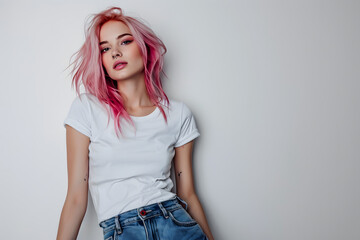 Young beautiful woman with pink hair in white t shirt posing with blue jeans