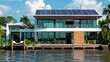 A contemporary waterfront house that reduces its carbon footprint and produces renewable energy thanks to a solar panel array built onto the roof.