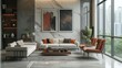 Interior modern living room in 3d rendering. Modern interior furniture set in 3d rendering