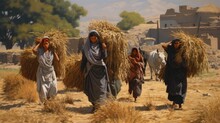 Pakistani Village Life Women Carrying Grass On Their Heads For Their Cattle - Generative AI