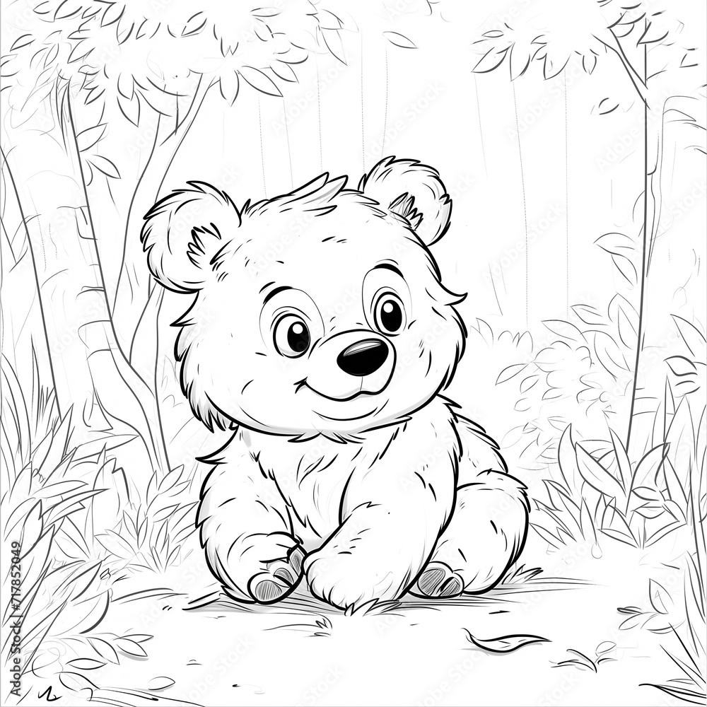 Cute bear in the forest coloring book page for kids and adults. Cartoon ...