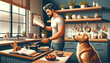 Illustration of a man cooking dinner with his dog watching eagerly