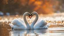 Two Beautiful Swans On A Lake Shape Heart With Their Long Necks And Kiss Each Other. Romantic Postal Card. Pc Desktop Wallpaper Background, Generative Ai