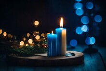 Blue Burning Candle In Night