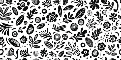 Wall Mural - Hand drawn plant elements, flowers and leaves, seamless pattern, vector design