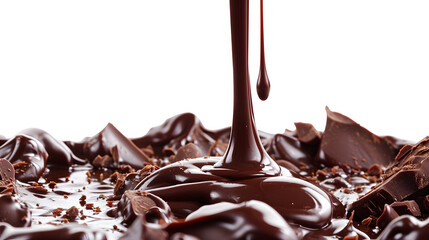 Wall Mural - Pouring chocolate dripping from top isolated on white