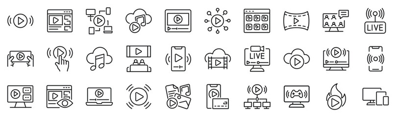 set of 30 outline icons related to streaming media services. linear icon collection. editable stroke